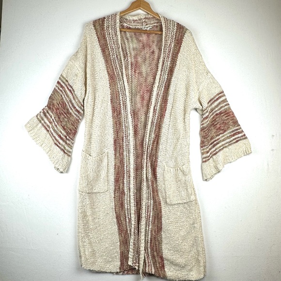 easel Sweaters - Easel Open Front Stripe with Bell Sleeve Cardigan Sweater Boho